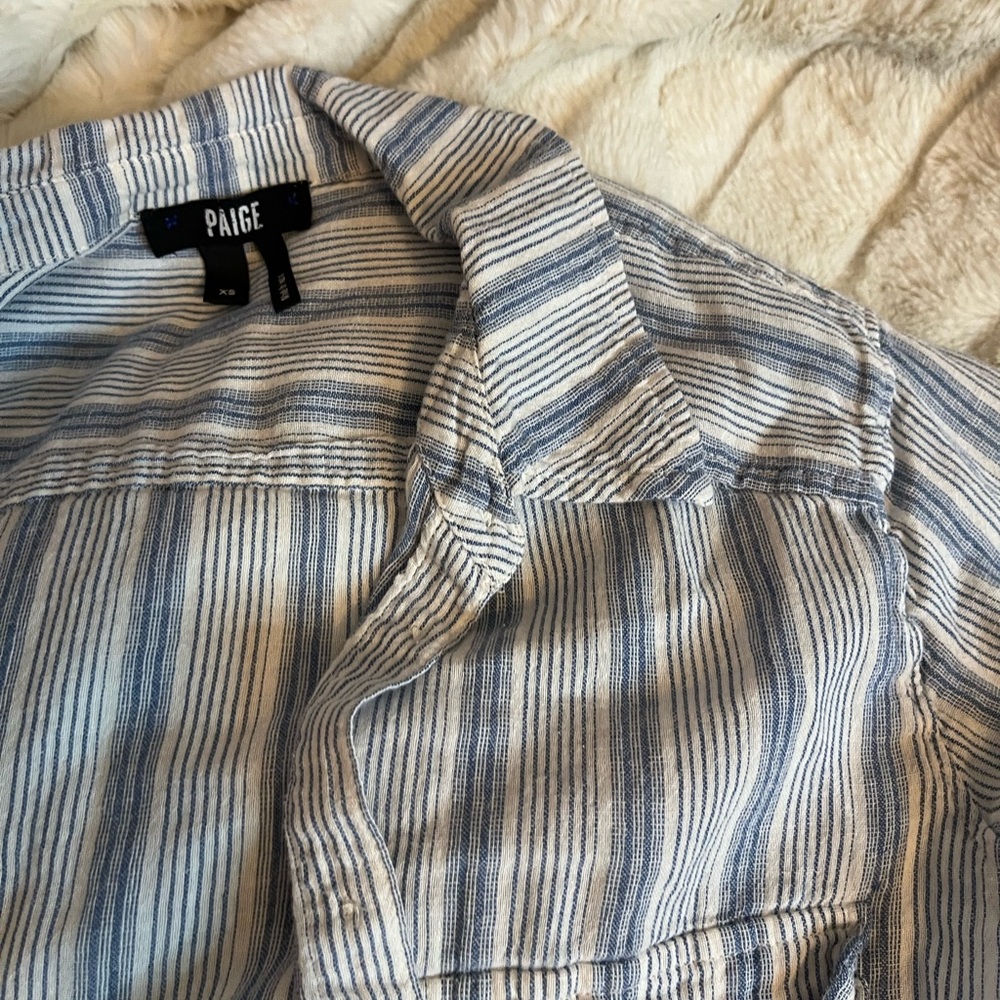 PAIGE Womens XS Blue White Vert Stripe Cotton Light Button Preppy City Shirt